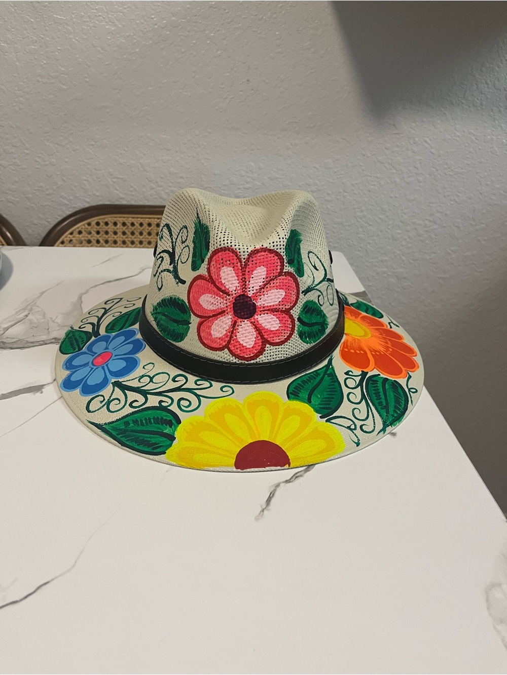 Hand-Painted Floral Straw Fedora Hat - Yellow, Pink, Blue, Orange